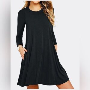 Coco + Carmen Black A-Line Midi Dress Crew Neck Pockets NWT